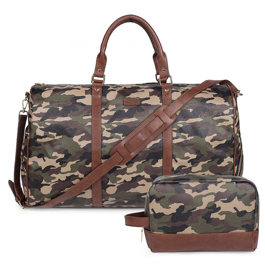 Large Travel Duffle Bag Vegan Leather with Shoe Compartment and Toiletry Bag(camouflage)