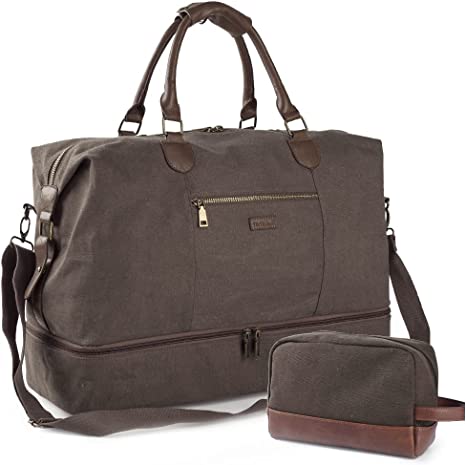 Canvas Travel Tote Luggage Men's Weekender Duffle Bag with Shoe compartment and Toiletry Bag (Chocolate)