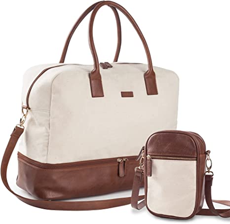 Viva Terry Canvas Weekender Bag, Overnight Travel Carry On Duffel Tote with Shoe Pouch (Ivory)