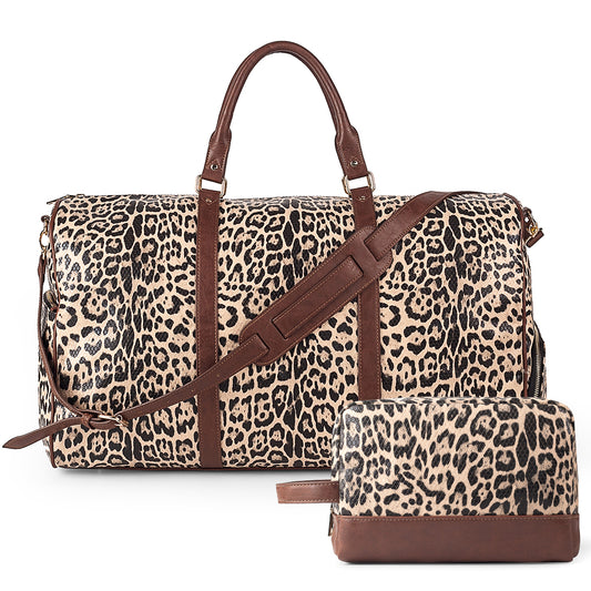 Viva Terry Large Travel Duffle Bag Vegan Leather with Shoe Compartment and Toiletry Bag (leopard)