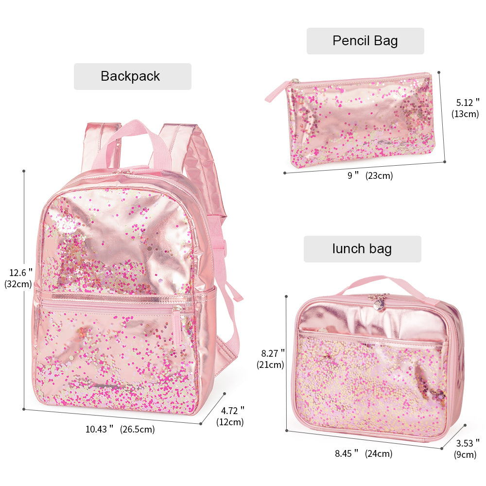 Viva Terry Girl's 3 in 1 Shaky Glitter Backpack Set With Lunch Bag, Pencil Case